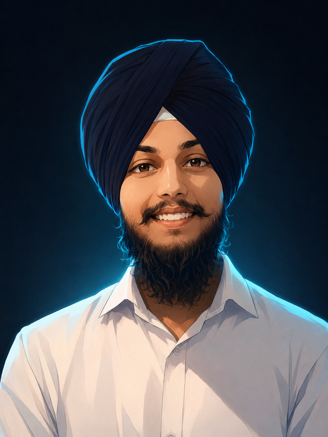 Anmol Singh smiling, wearing a black turban and white shirt